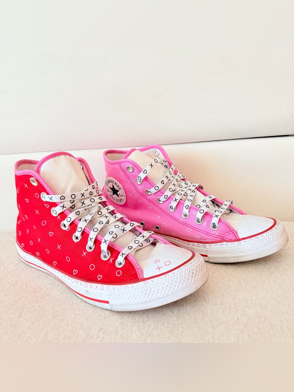 Converse high top half red , half pink “Xoxo” heart print shoes